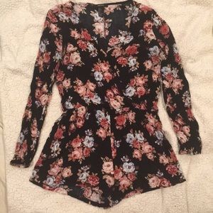 Floral Surplice Cross Front Long Sleeve Romper